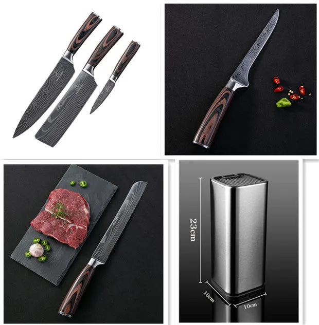 7CR17 stainless steel chef knife with laser Damascus pattern and colour steel handle, blade length 18cm.
