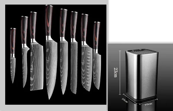 7CR17 stainless steel chef knife with laser Damascus pattern and colour steel handle, blade length 18cm.