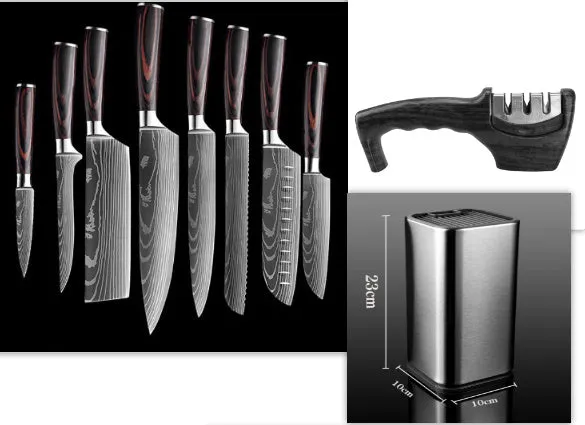 7CR17 stainless steel chef knife with laser Damascus pattern and colour steel handle, blade length 18cm.