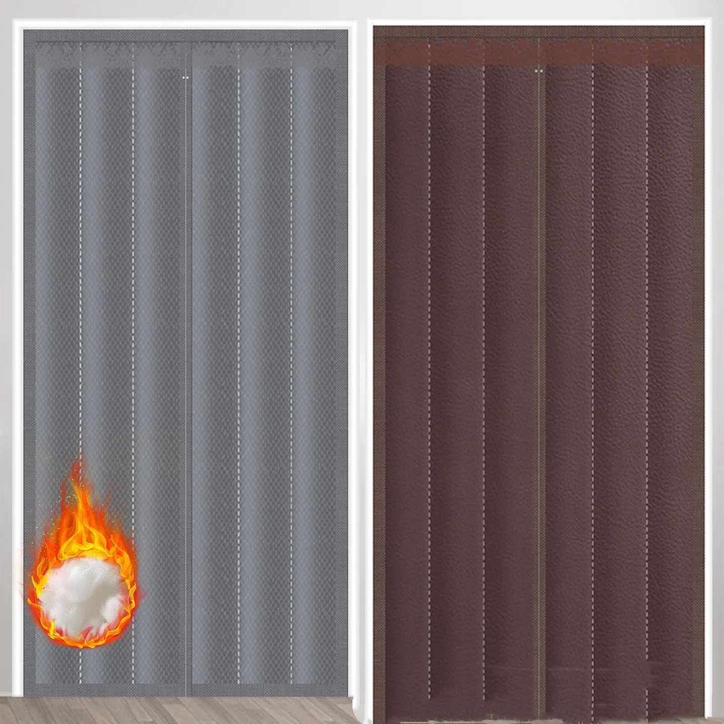 Full seam long magnetic strip cotton door curtain in New Chinese style, shown in grey colour.