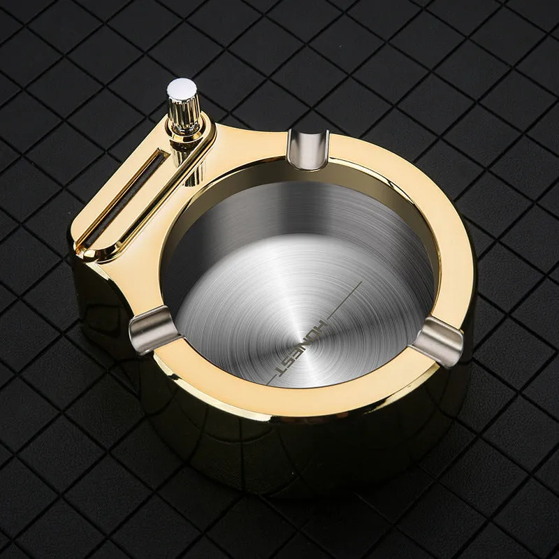 Large blue metal ashtray with integrated permanent match lighter and three cigarette slots.