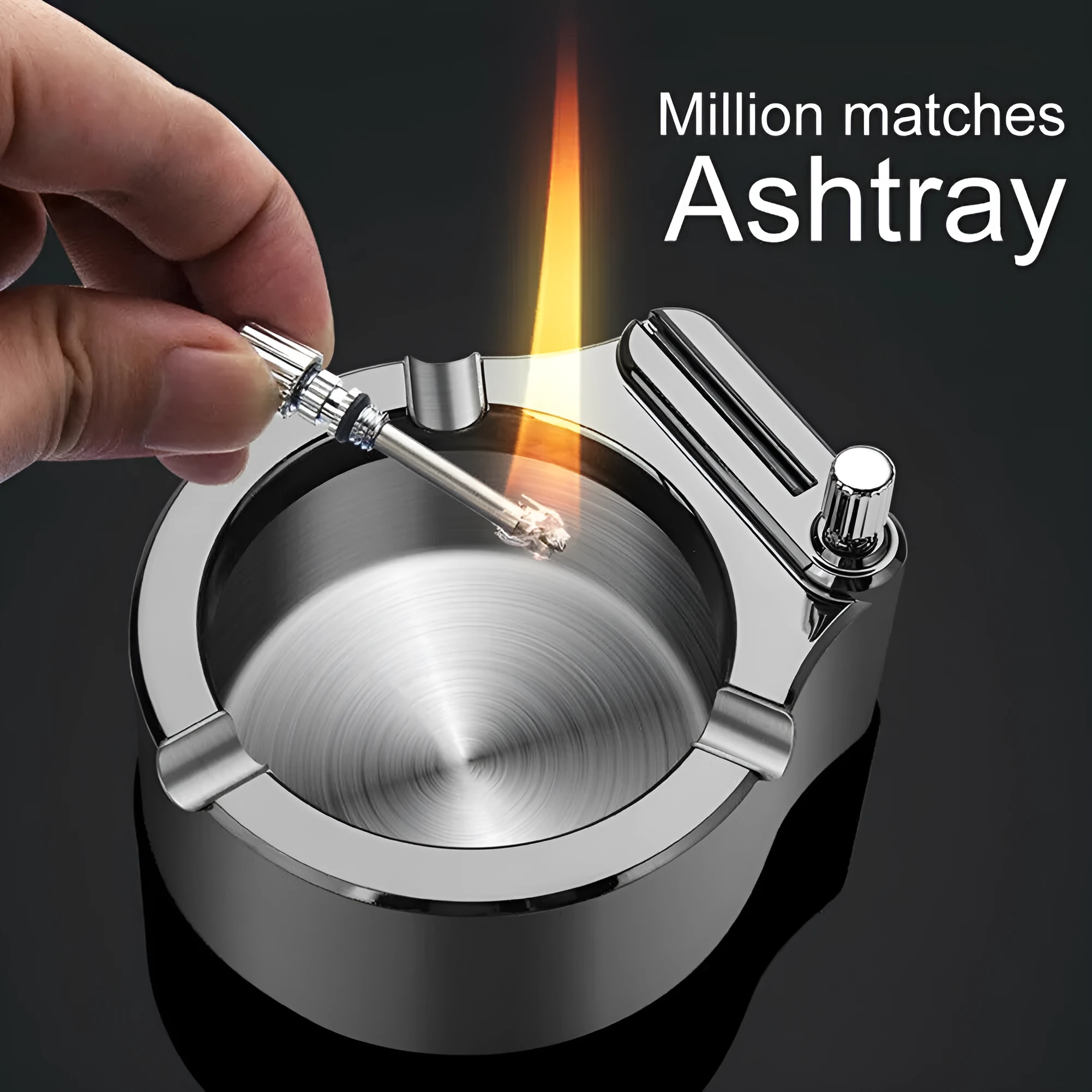 Large blue metal ashtray with integrated permanent match lighter and three cigarette slots.