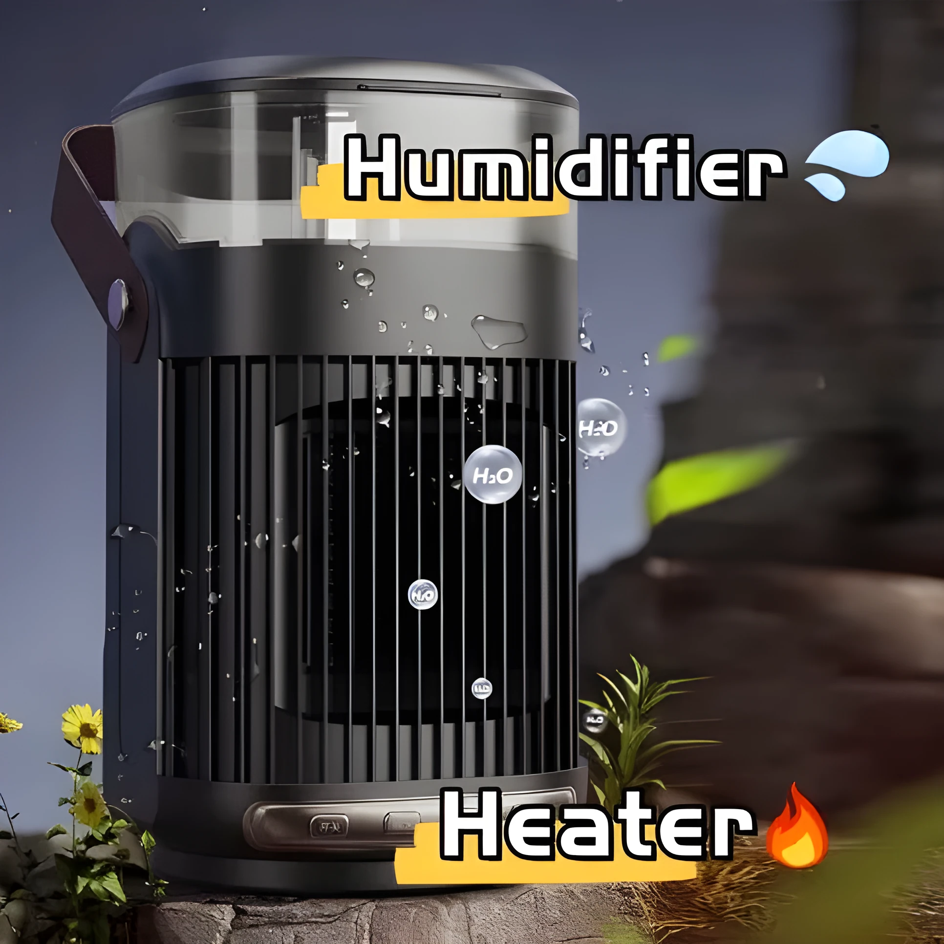 Black portable heater with humidifier measuring 24x13x13cm with front control panel