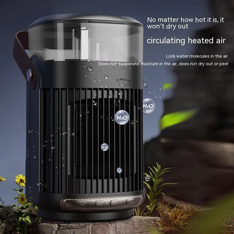 Black portable heater with humidifier measuring 24x13x13cm with front control panel