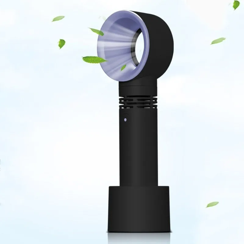A portable bladeless desk fan with USB charging cable, shown in one of the available colours such as blue, black, or white.