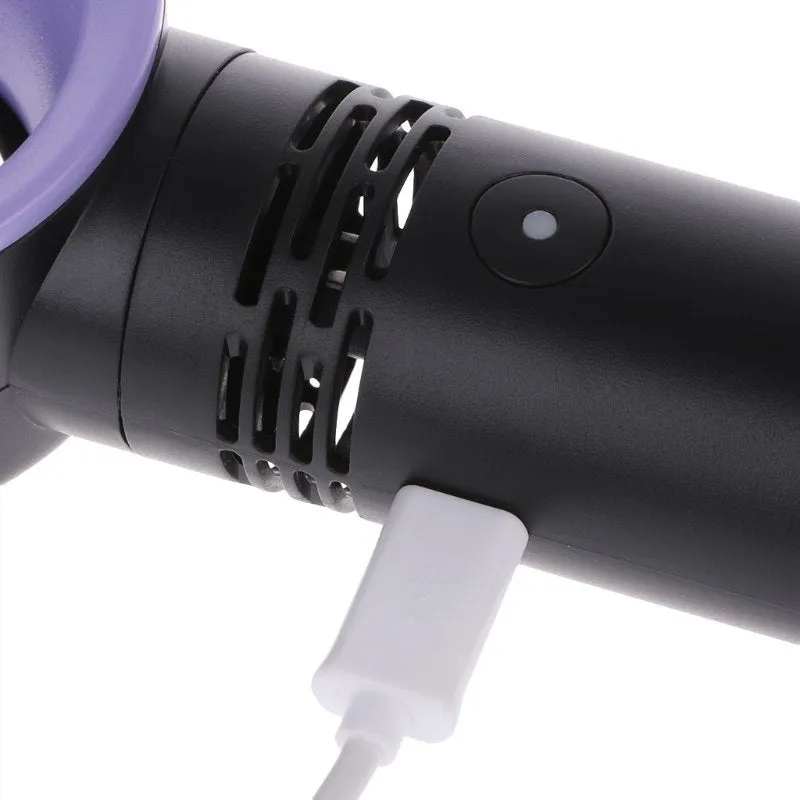 A portable bladeless desk fan with USB charging cable, shown in one of the available colours such as blue, black, or white.