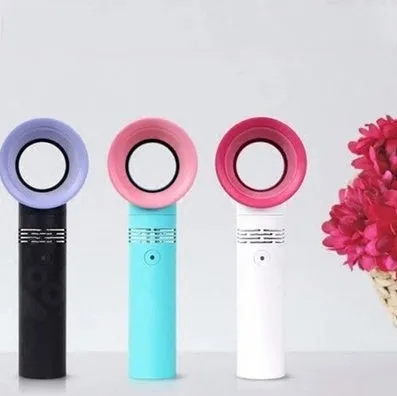 A portable bladeless desk fan with USB charging cable, shown in one of the available colours such as blue, black, or white.
