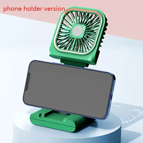 Hands-free wearable neck fan with dual blue cooling blades and USB charging cable.