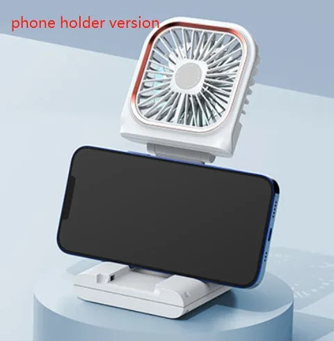 Hands-free wearable neck fan with dual blue cooling blades and USB charging cable.