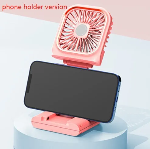 Hands-free wearable neck fan with dual blue cooling blades and USB charging cable.
