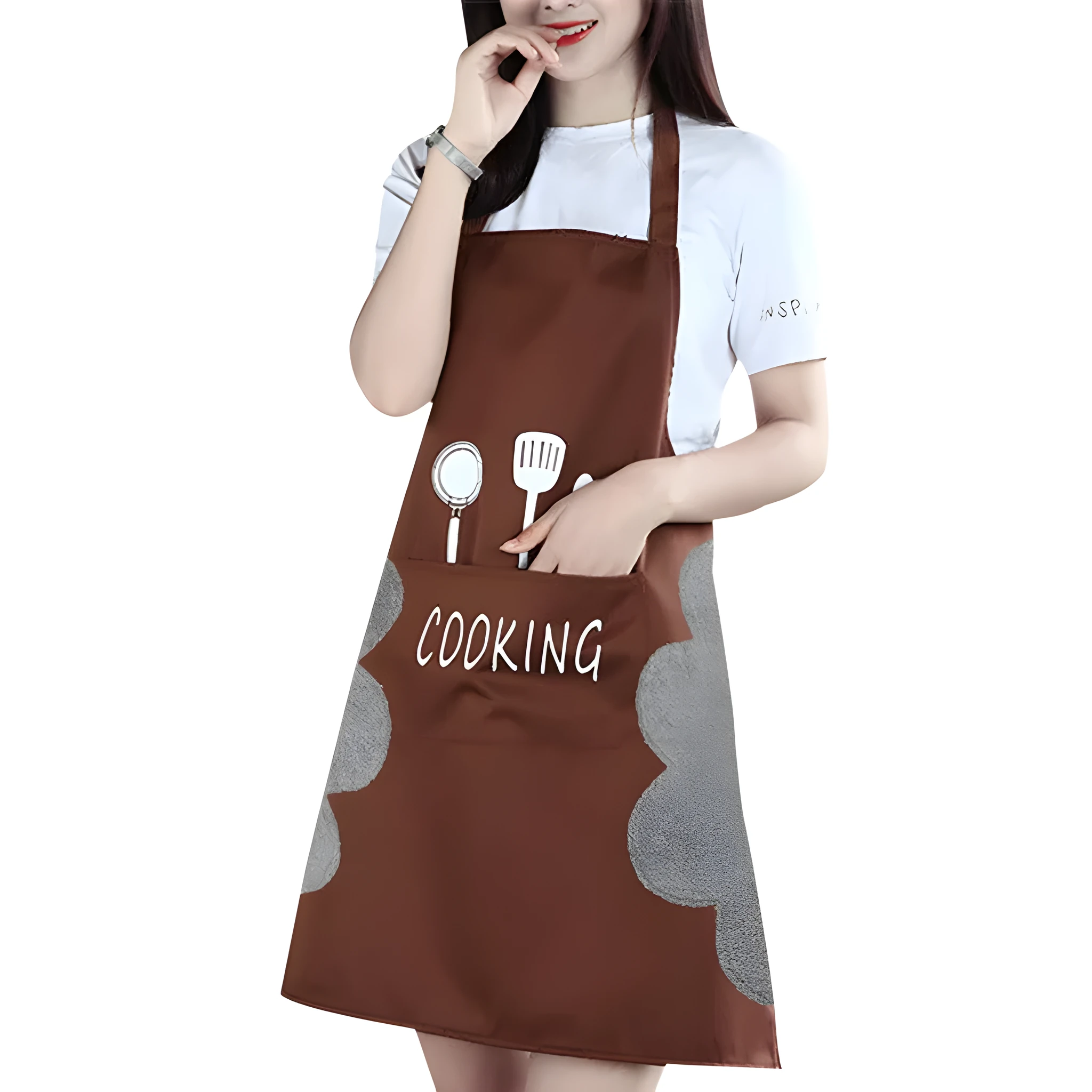 Korean-style sleeveless kitchen apron in waterproof fabric with coral velvet facing