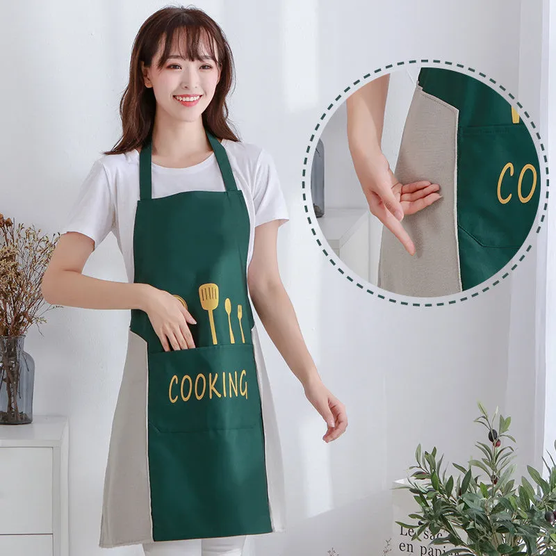 Korean-style sleeveless kitchen apron in waterproof fabric with coral velvet facing