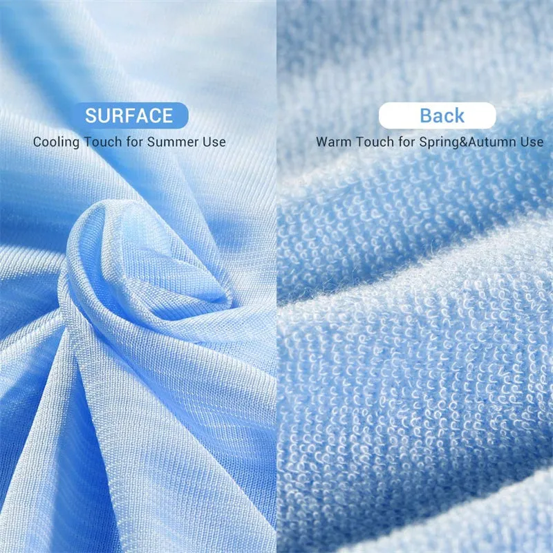 Blue and grey polyester cooling blanket with Japanese Q-Max fibres on a bed.