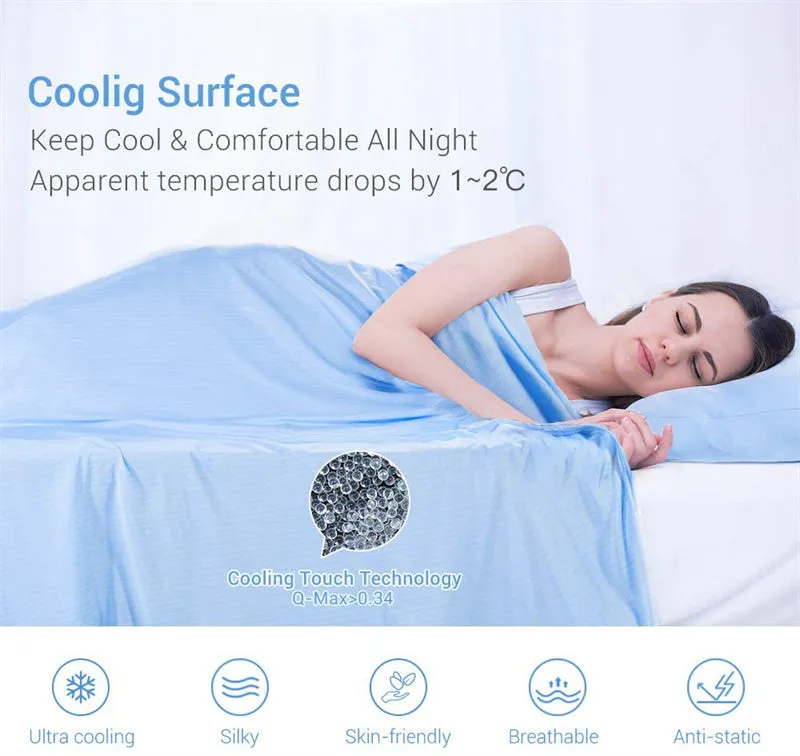 Blue and grey polyester cooling blanket with Japanese Q-Max fibres on a bed.