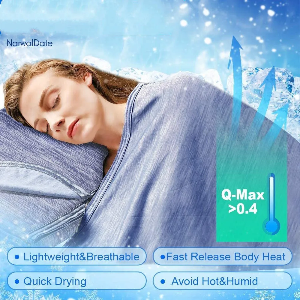 Blue and grey polyester cooling blanket with Japanese Q-Max fibres on a bed.
