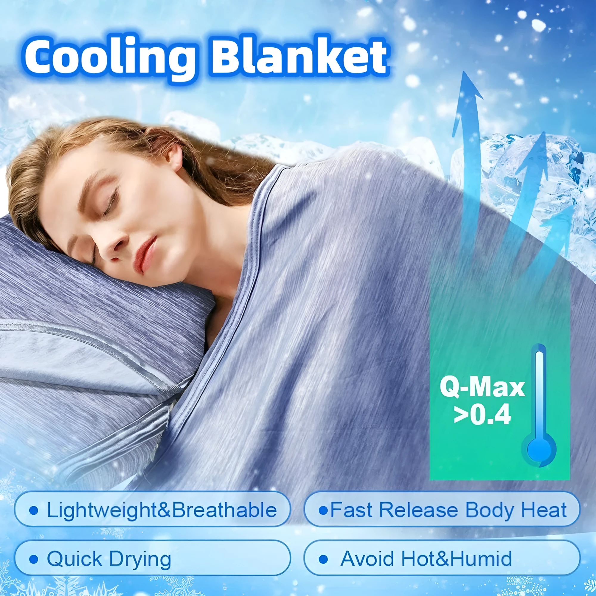 Blue and grey polyester cooling blanket with Japanese Q-Max fibres on a bed.