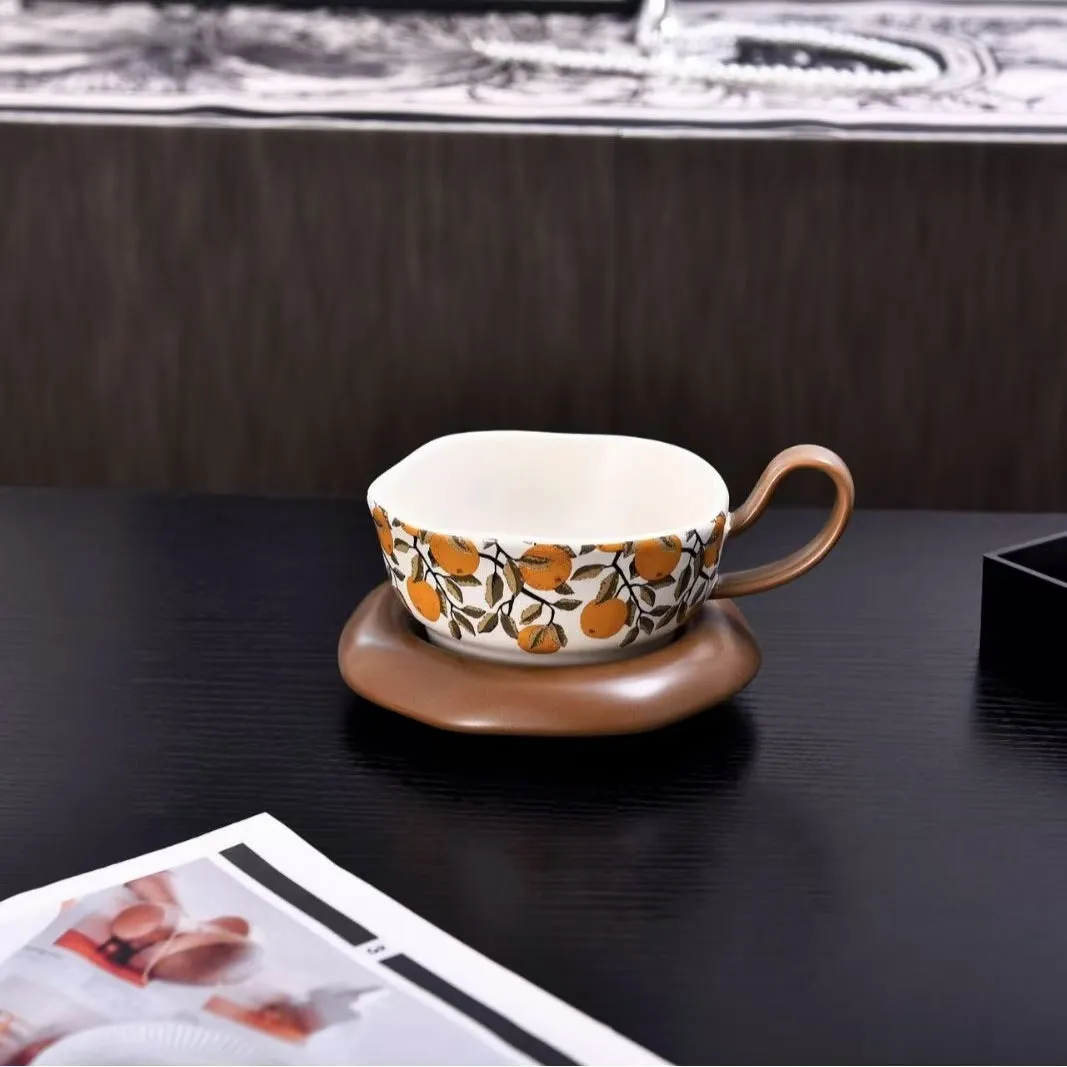 Ceramic coffee cup and saucer set in retro style, 210ml capacity, in black or orange colour