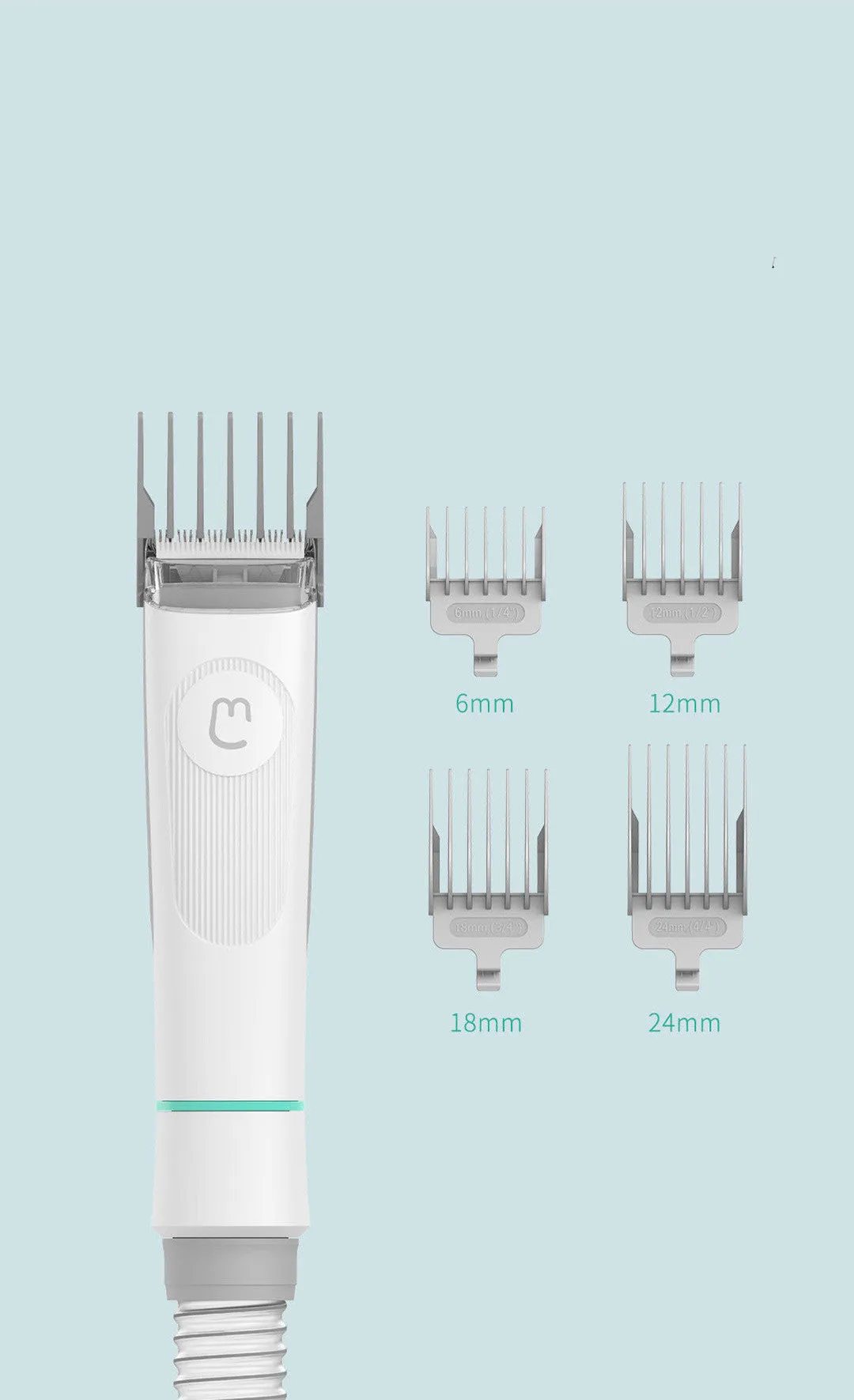 White pet grooming clipper kit with electric trimmer, scissors, combs, and cleaning brush