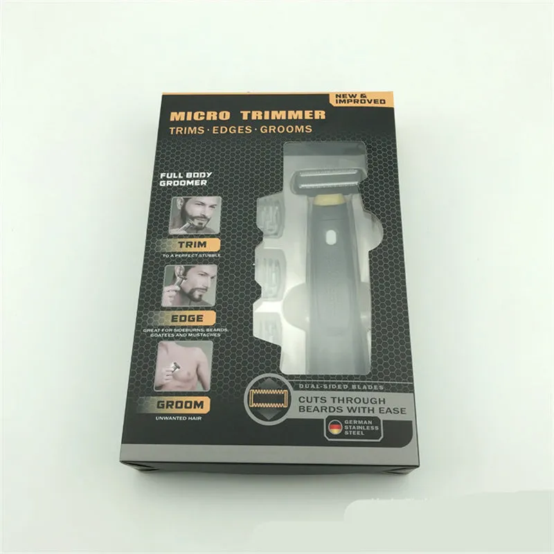 Black rechargeable men's precision shaver with LED light on and stainless steel blades.