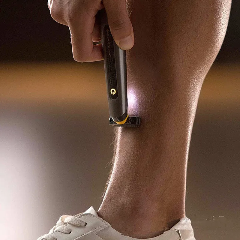 Black rechargeable men's precision shaver with LED light on and stainless steel blades.