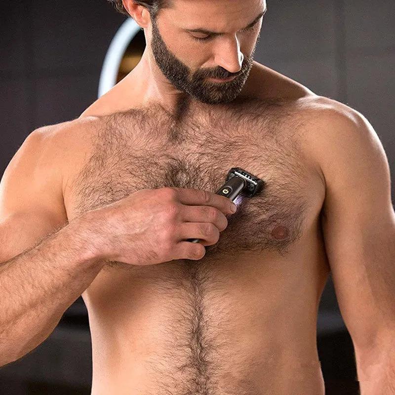 Black rechargeable men's precision shaver with LED light on and stainless steel blades.