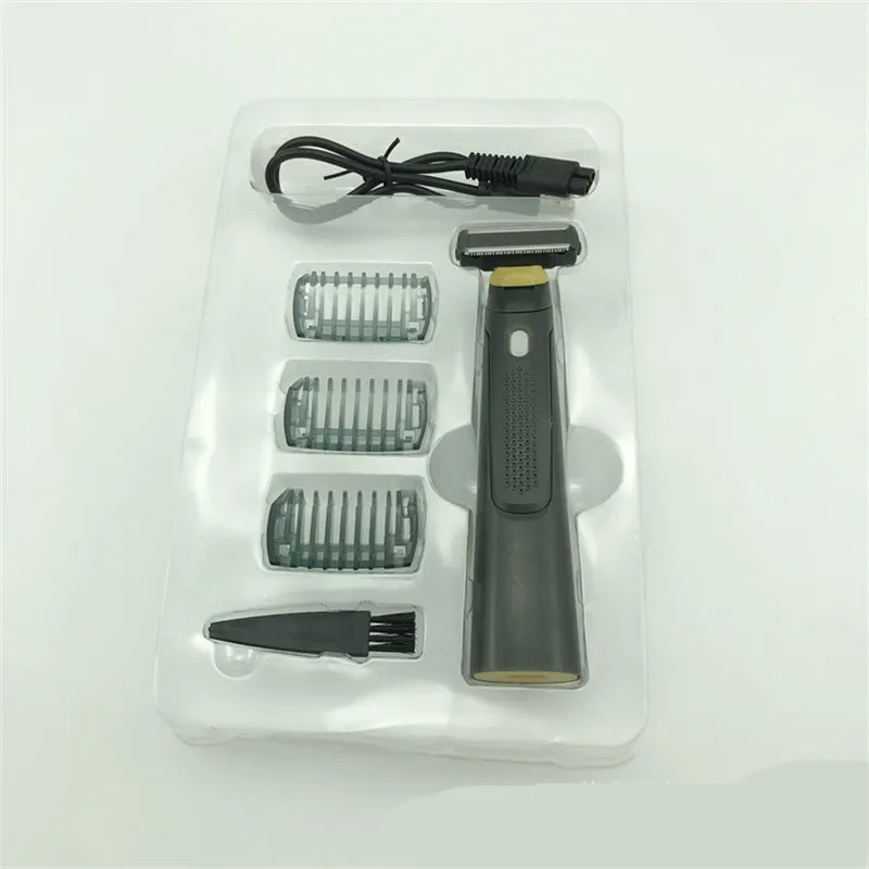 Black rechargeable men's precision shaver with LED light on and stainless steel blades.