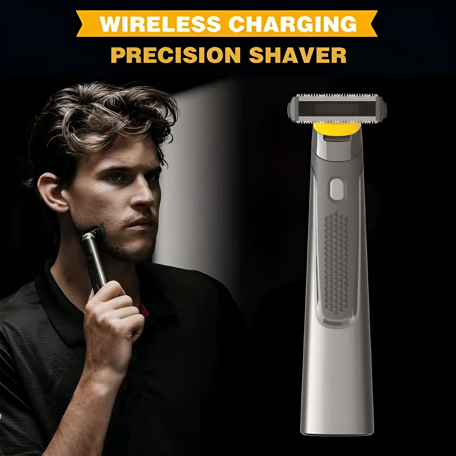Black rechargeable men's precision shaver with LED light on and stainless steel blades.