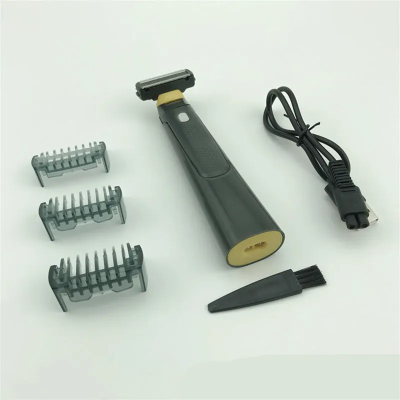Black rechargeable men's precision shaver with LED light on and stainless steel blades.