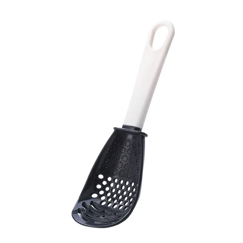 Red and black plastic multifunctional cooking spoon with grinding serrations and half-enclosed design
