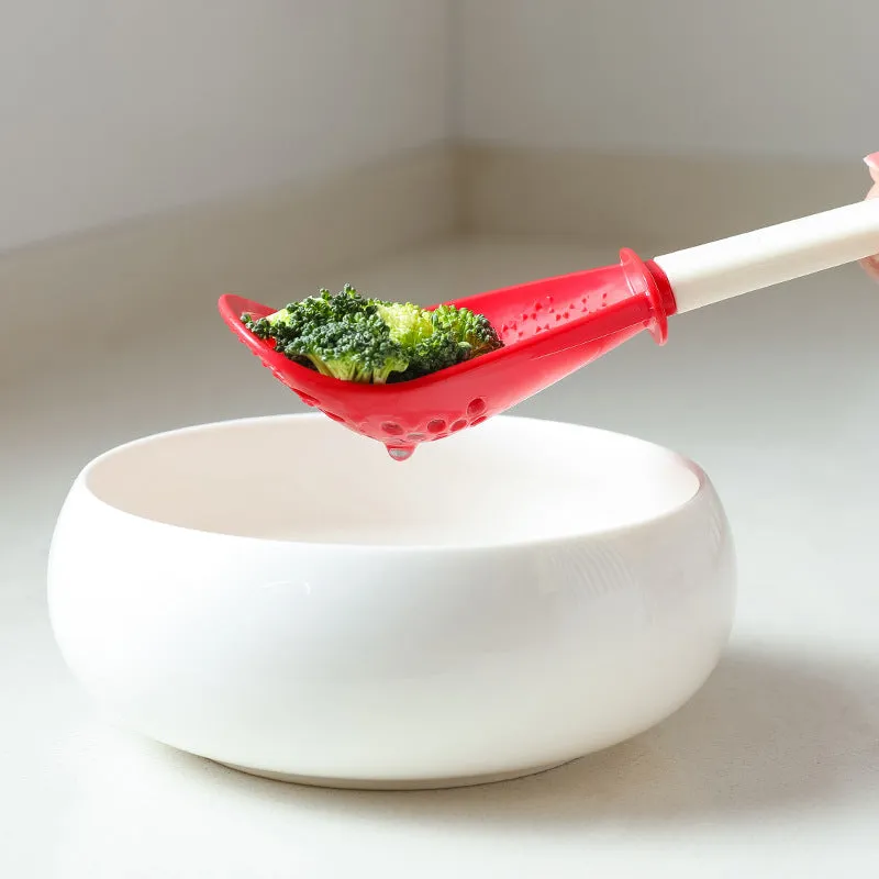 Red and black plastic multifunctional cooking spoon with grinding serrations and half-enclosed design