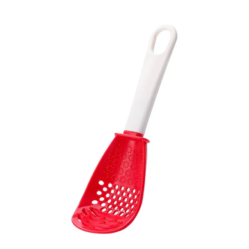 Red and black plastic multifunctional cooking spoon with grinding serrations and half-enclosed design