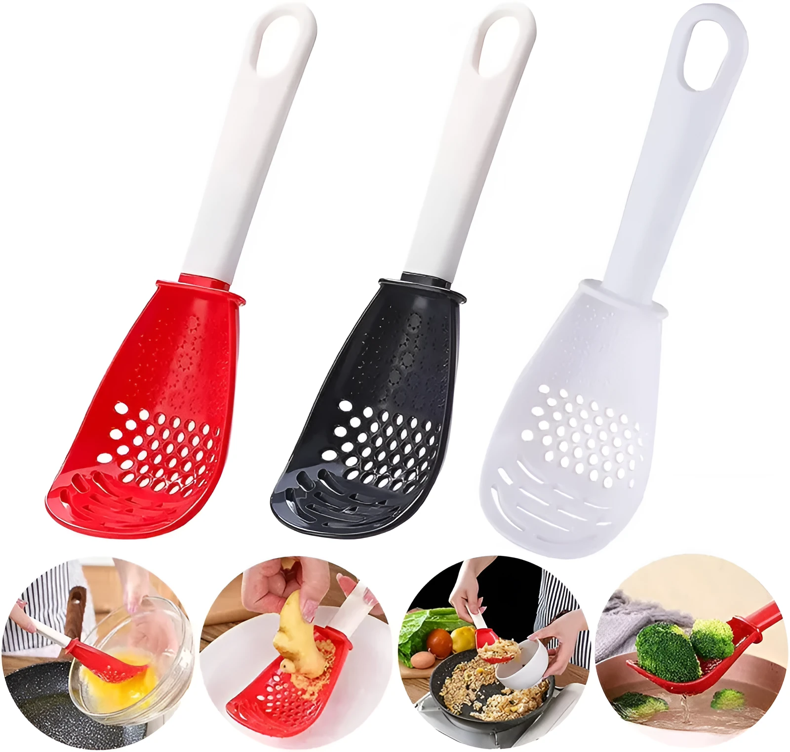 Red and black plastic multifunctional cooking spoon with grinding serrations and half-enclosed design