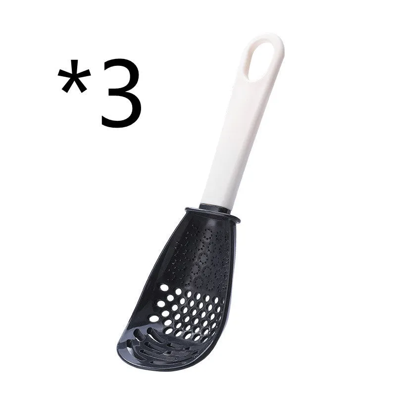 Red and black plastic multifunctional cooking spoon with grinding serrations and half-enclosed design