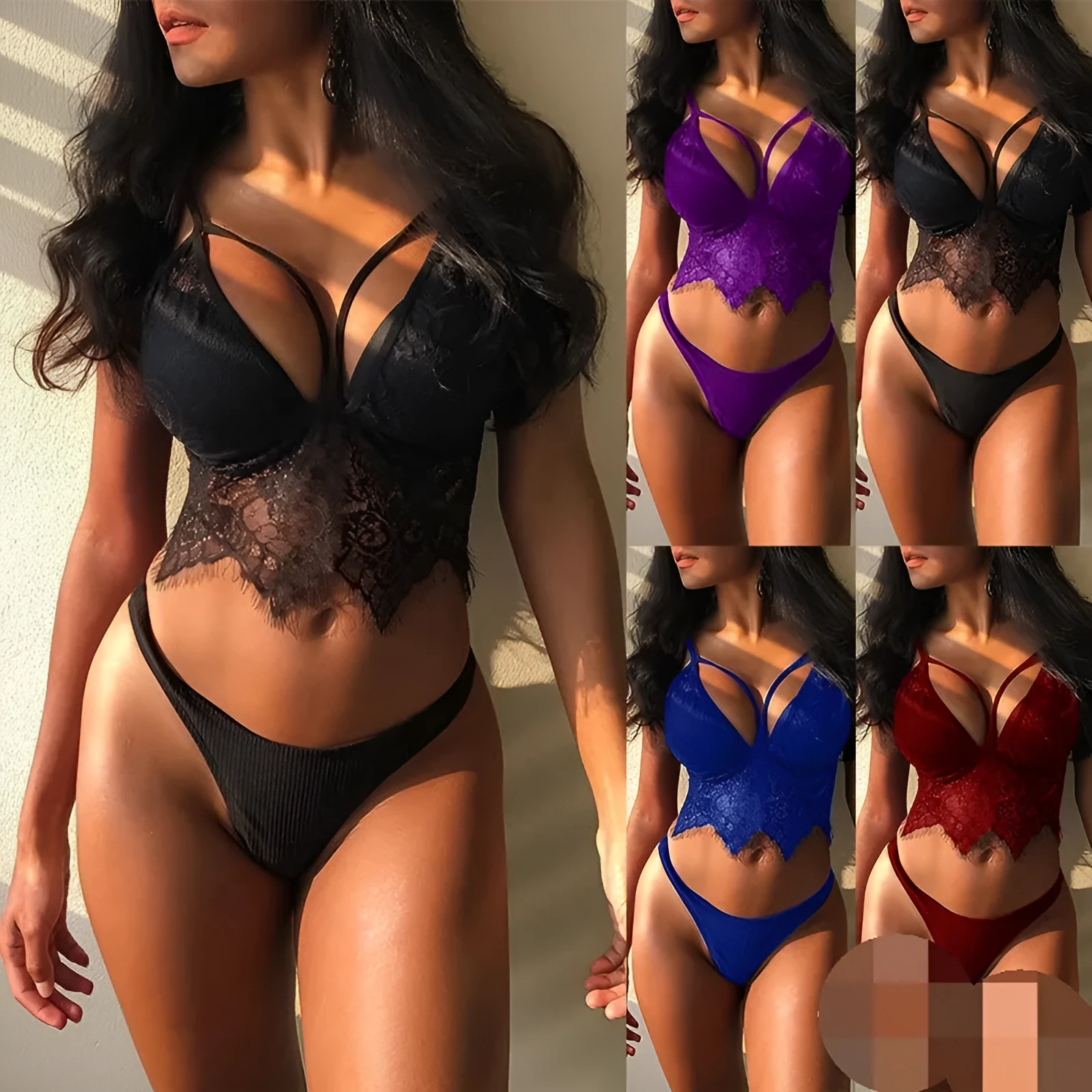 Women's lace lingerie set in three-point style showing red, purple, blue and black colour options
