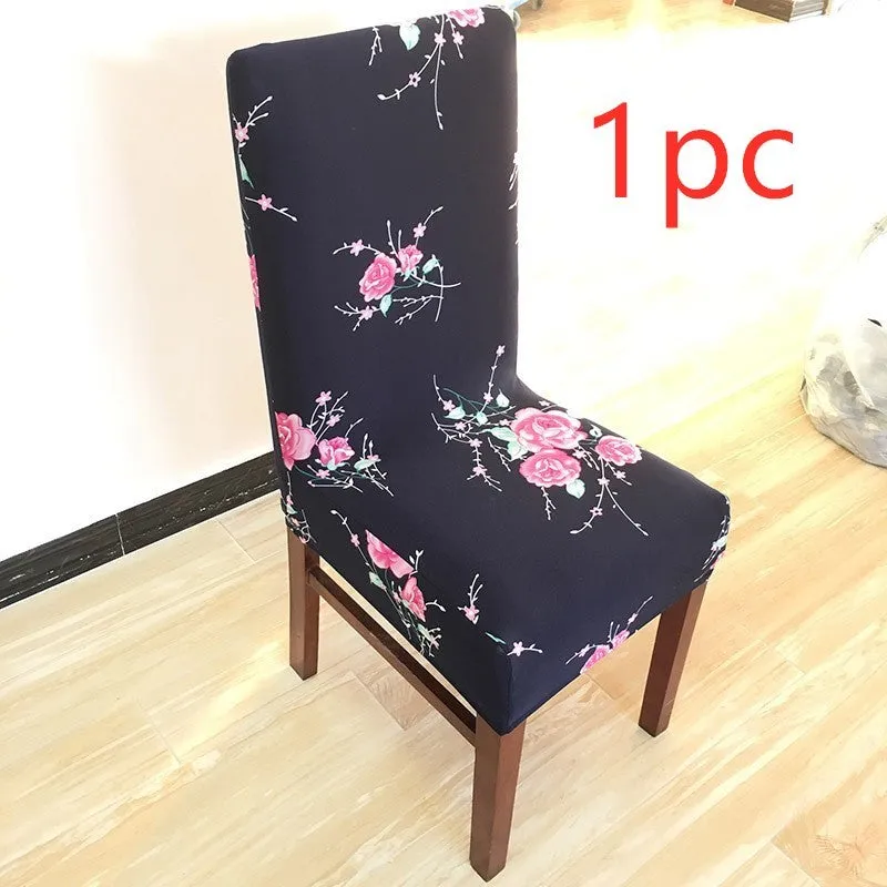 Stretch elastic chair cover on a four-legged wooden chair, showing fitted backrest and seat.