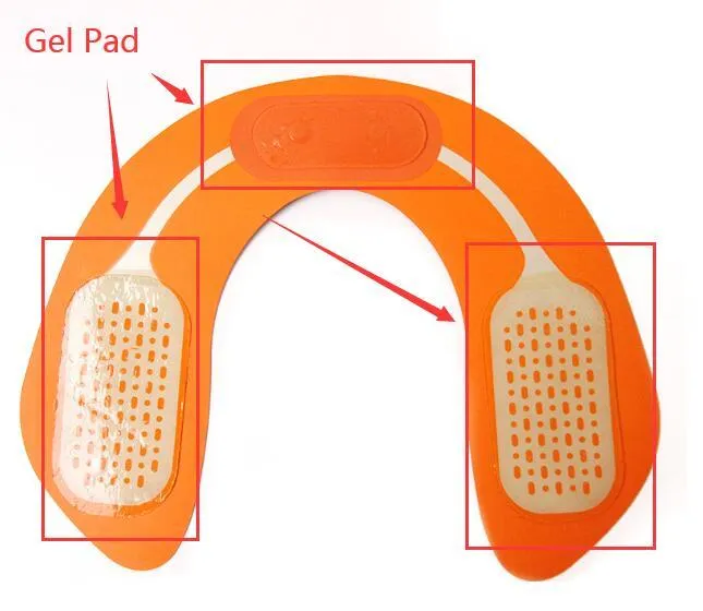 Compact EMS hip muscle training stimulator device with adhesive gel pads for buttocks and abdomen.