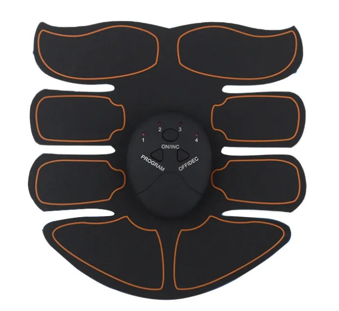 Compact EMS hip muscle training stimulator device with adhesive gel pads for buttocks and abdomen.