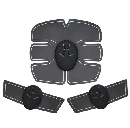 Compact EMS hip muscle training stimulator device with adhesive gel pads for buttocks and abdomen.