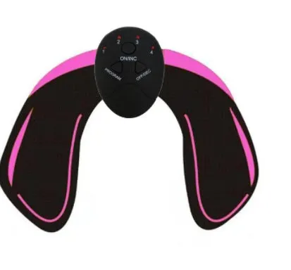 Compact EMS hip muscle training stimulator device with adhesive gel pads for buttocks and abdomen.