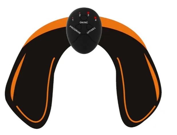 Compact EMS hip muscle training stimulator device with adhesive gel pads for buttocks and abdomen.