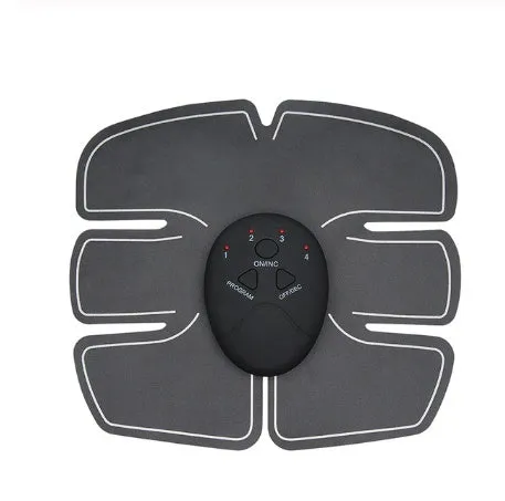 Compact EMS hip muscle training stimulator device with adhesive gel pads for buttocks and abdomen.