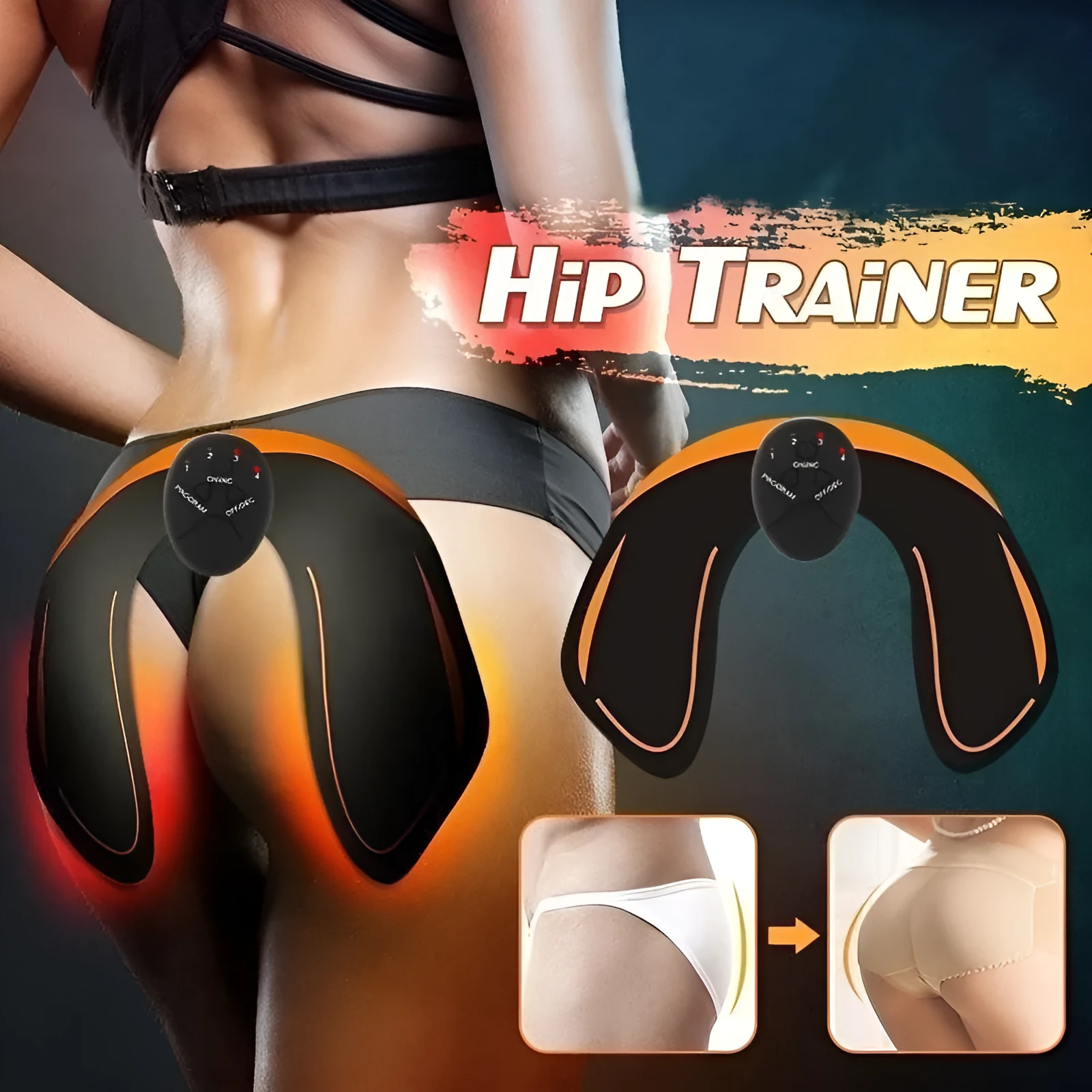Compact EMS hip muscle training stimulator device with adhesive gel pads for buttocks and abdomen.