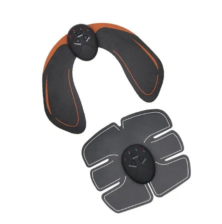 Compact EMS hip muscle training stimulator device with adhesive gel pads for buttocks and abdomen.