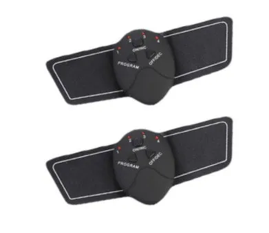 Compact EMS hip muscle training stimulator device with adhesive gel pads for buttocks and abdomen.