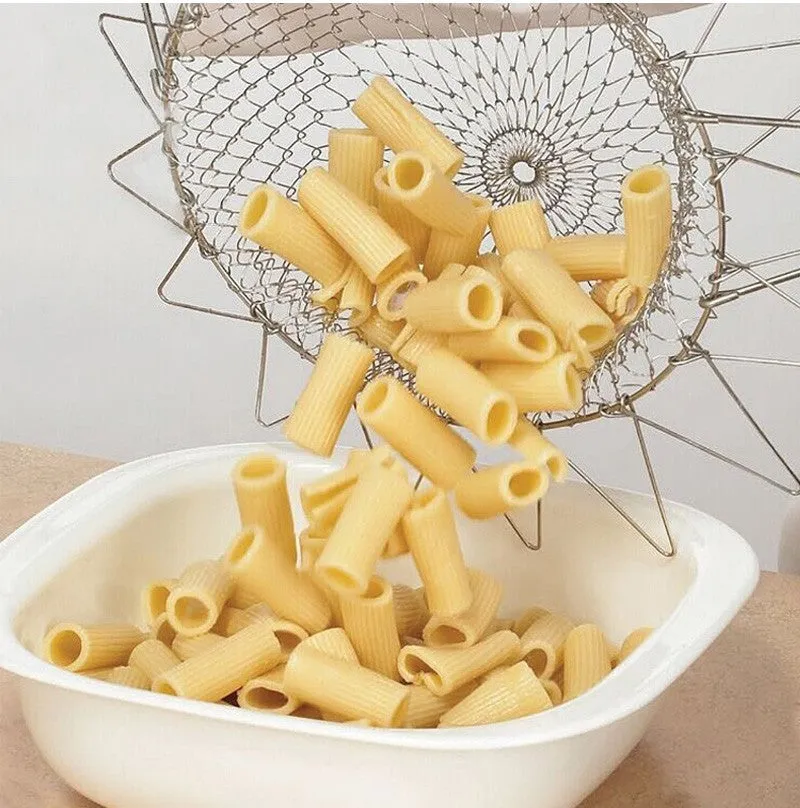 Stainless steel foldable deep fry basket with a grid design and a handle.
