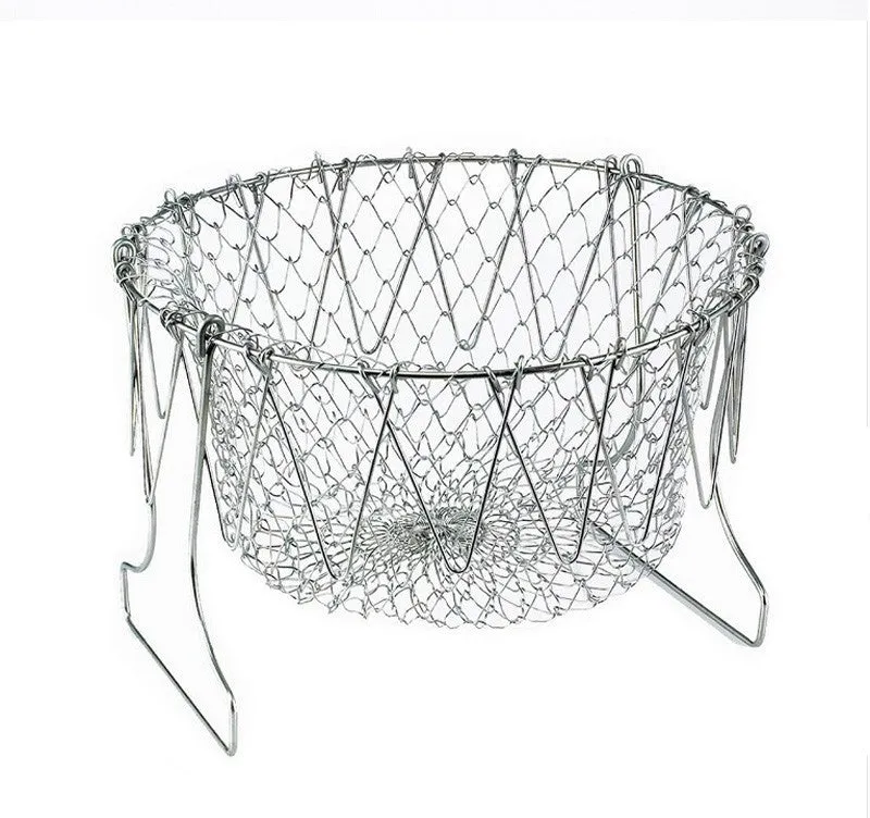 Stainless steel foldable deep fry basket with a grid design and a handle.