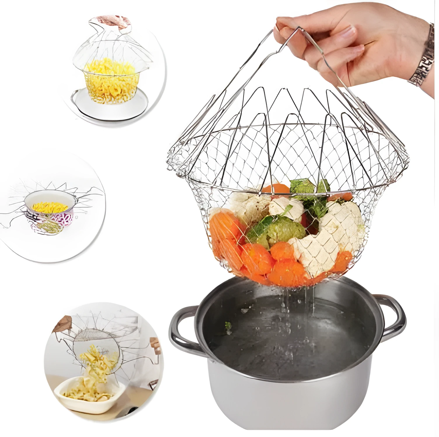Stainless steel foldable deep fry basket with a grid design and a handle.