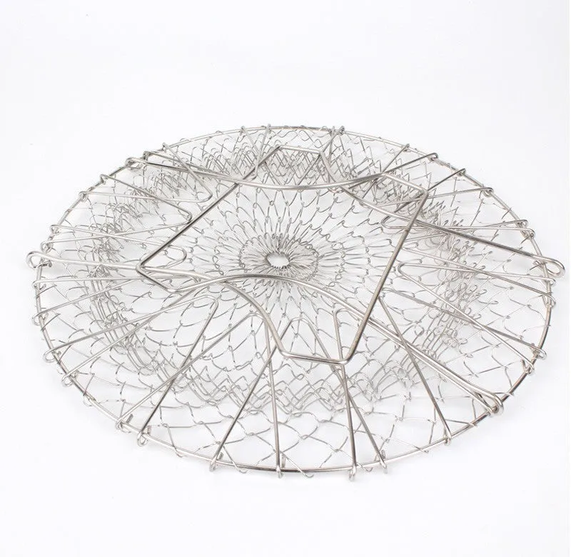 Stainless steel foldable deep fry basket with a grid design and a handle.