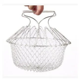 Stainless steel foldable deep fry basket with a grid design and a handle.