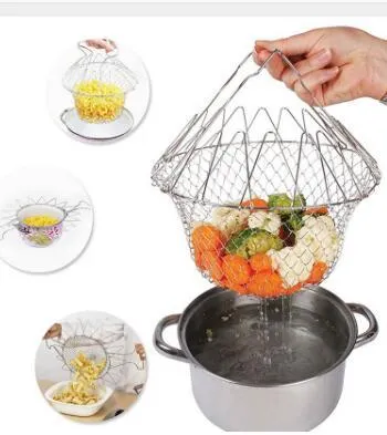 Stainless steel foldable deep fry basket with a grid design and a handle.